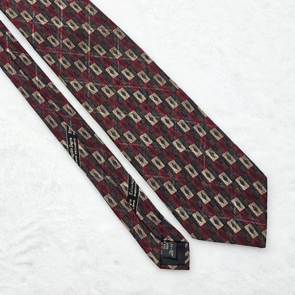 ERMENEGILDO ZEGNA‎ Geometric Red Blue Brown  100% Silk Luxury Tie Made in Italy